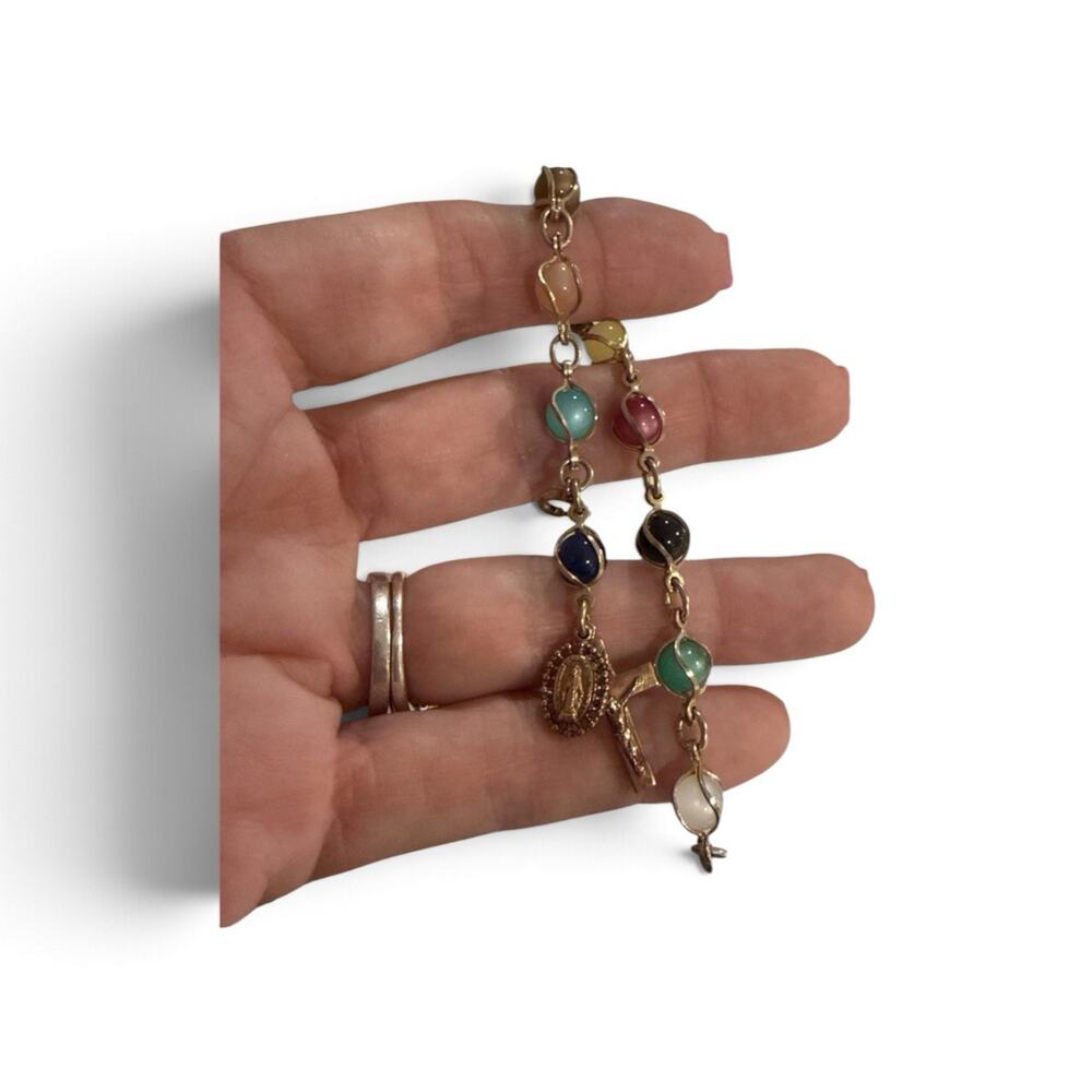 Vtg Sm Bracelet snapped glass beads Jesus Guadalupe medal pendant